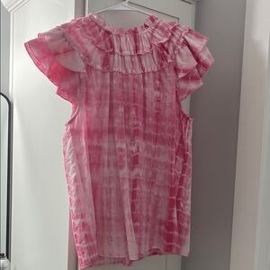 BiBi Pink Ruffled Blouse with Tie-Dye Design